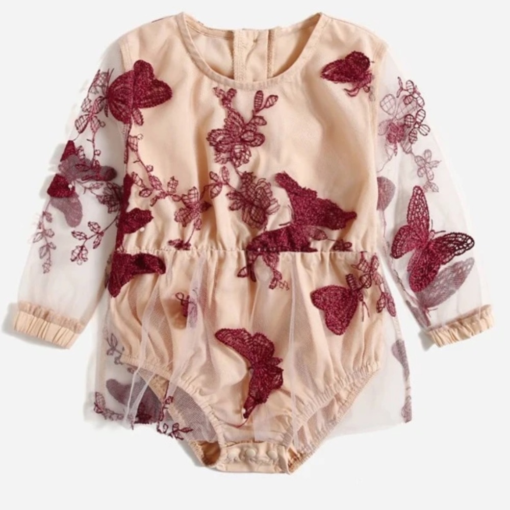 New SHEIN Baby Girls Embroidery Mesh Button Back Bodysuit Romper Onesie